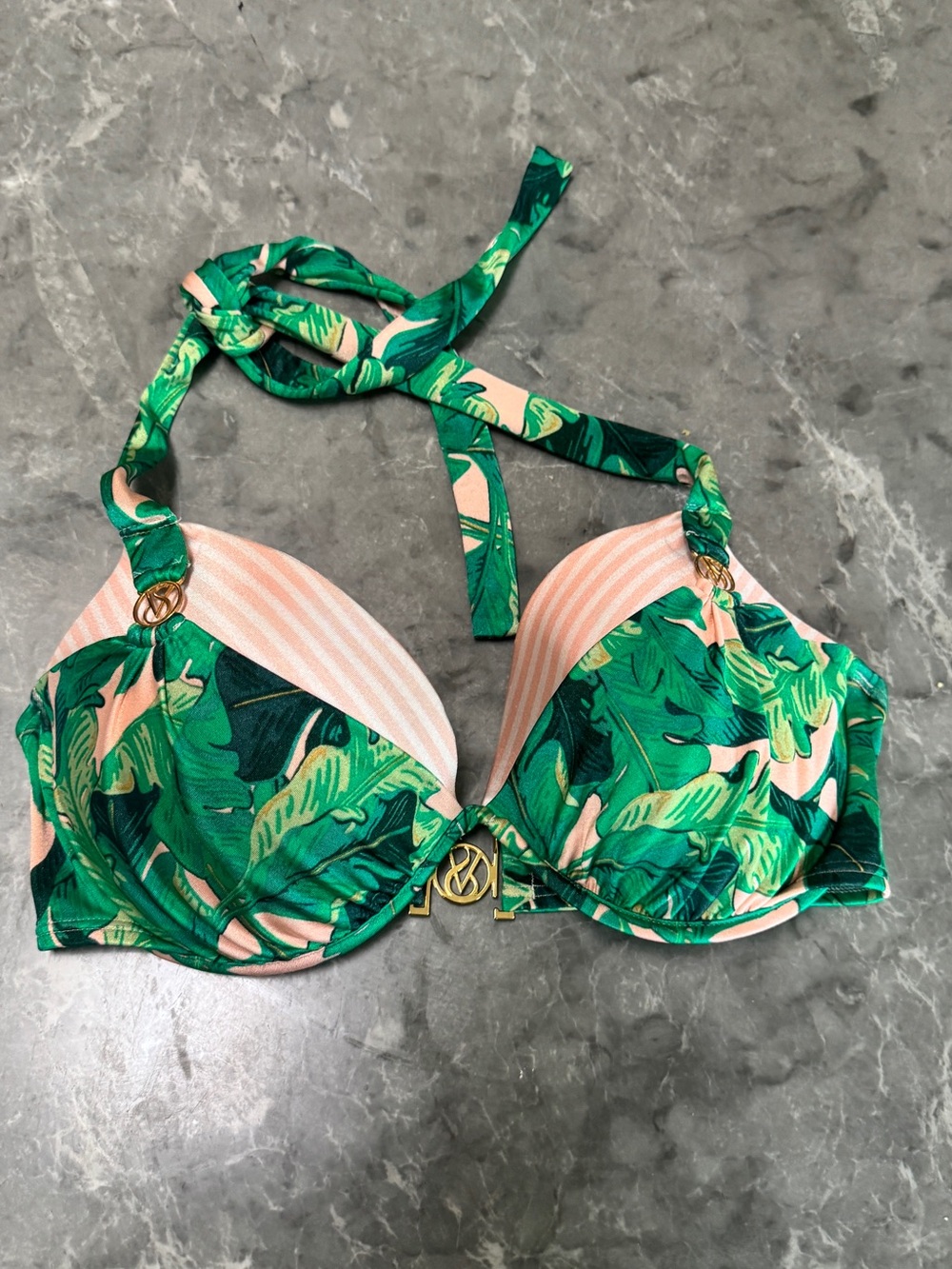 Y2K Victoria secret Brittany spears style Green Tropical Print Halter Bikini Top